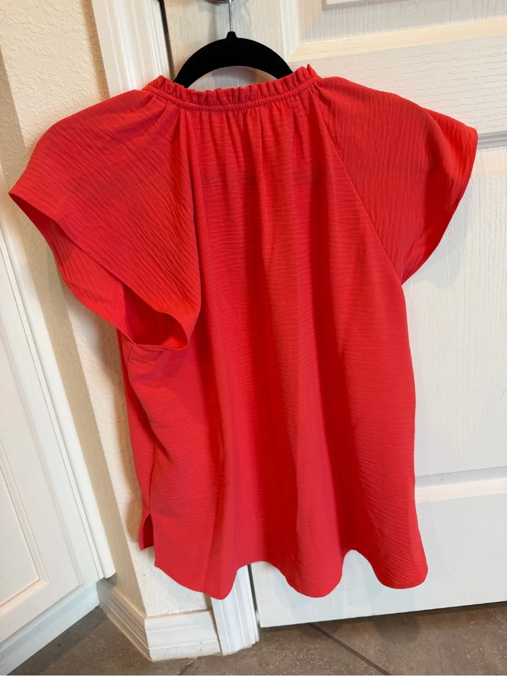 Michael Kors Coral Red Ruffled V-Neck Short Sleeve Blouse